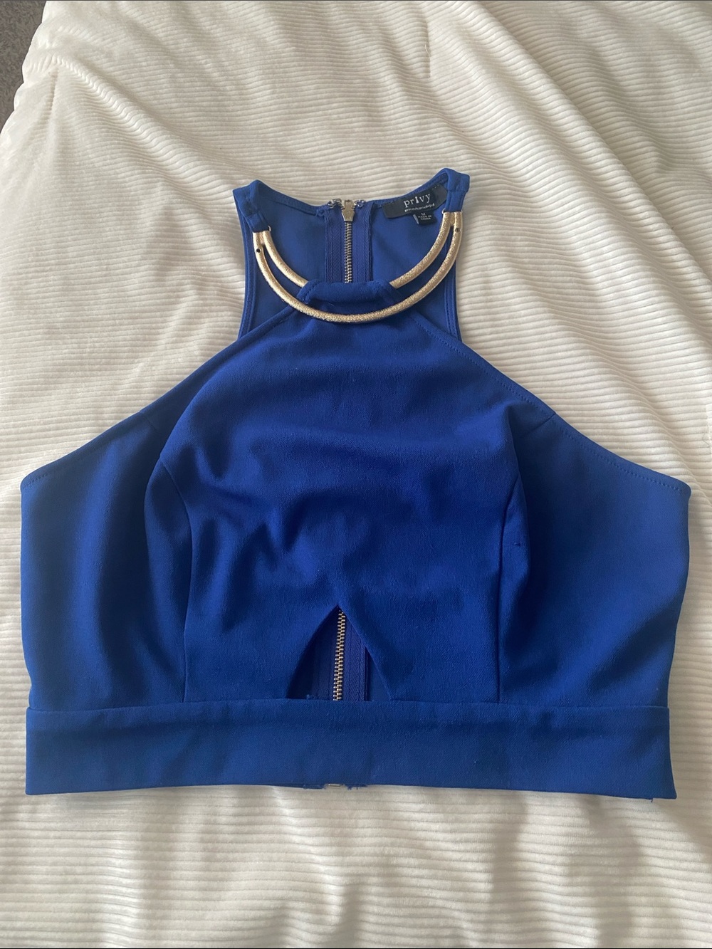 privy Royal Blue Halter Crop Top with Gold Neck Accent